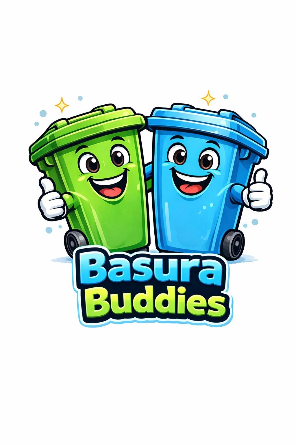 Binny and Canny, the Basura Buddies mascots, high-fiving with thumbs up.
